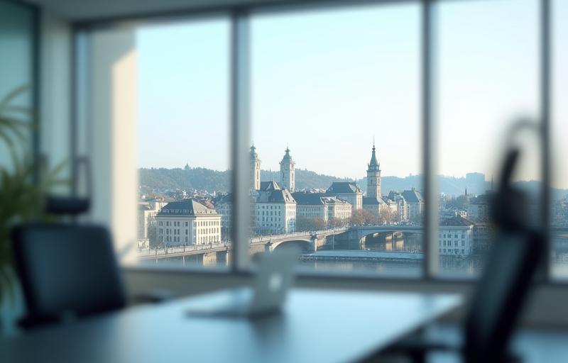 Professional photo of a modern office interior with a view of the Zurich cityscape, representing the company's location and professional setting.