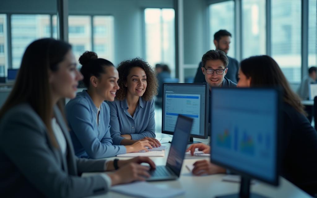 A diverse team collaboratively analyzing data on screens, symbolizing success through effective strategy and teamwork in a professional office environment.
