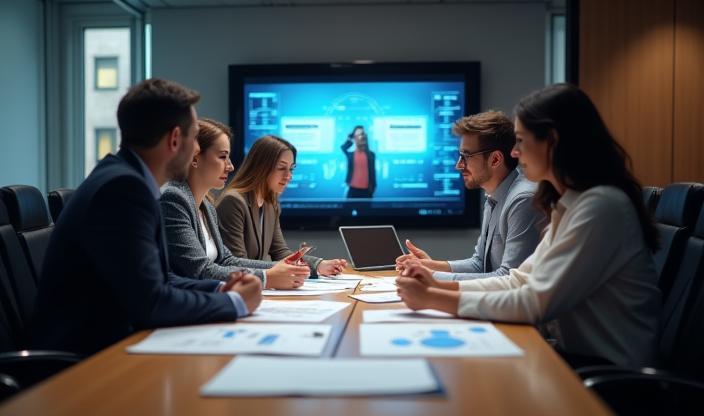 Photo of a diverse team collaborating around a table with documents and screens, symbolizing strategic planning and partnership in a modern office setting.
